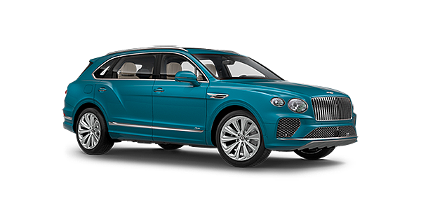 Bentley Sussex Bentley Bentayga EWB Azure front side angled view in Topaz blue coloured exterior. 