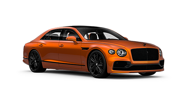 Bentley Sussex Bentley Flying Spur Speed front side angled view in Orange Flame coloured exterior. 